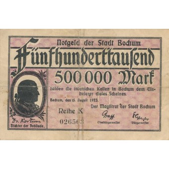 Vokietija / Bochumas. 1923 m. 500.000 markių. F