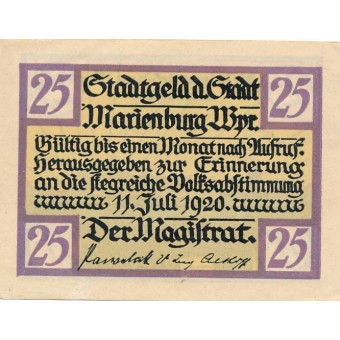 Lenkija / Malborkas. 1920 m. 25 pfennigai. XF