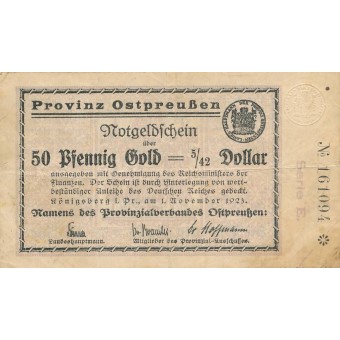 Karaliaučius. 1923 m. 50 aukso pfennigų. Serija: E. RETAS. VF-