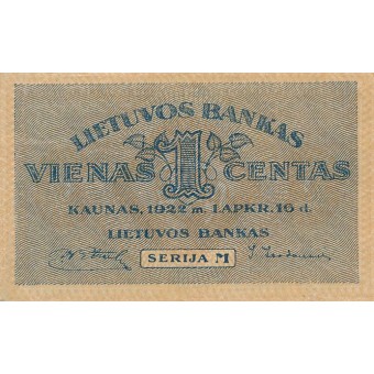 Lietuva. 1922 m. 1 centas. Serija: M. VF-
