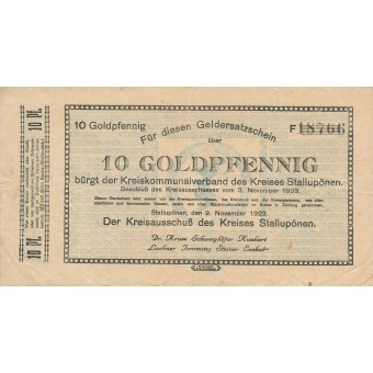 Stalupėnai. 1923 m. 10 aukso pfennigų. 5 skaičiai. VF. LABAI RETAS