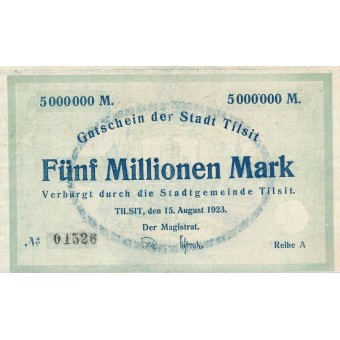 Tilžė. 1923 m. 5.000.000 markių. Serija: A. VF-