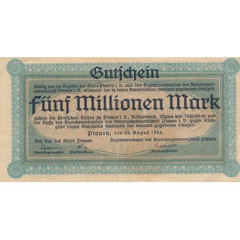 Vokietija / Plauenas. 1923 m. 5.000.000 markių. F