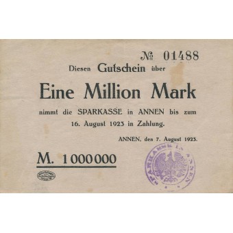 Vokietija / Anenas. 1923 m. 1.000.000 markių